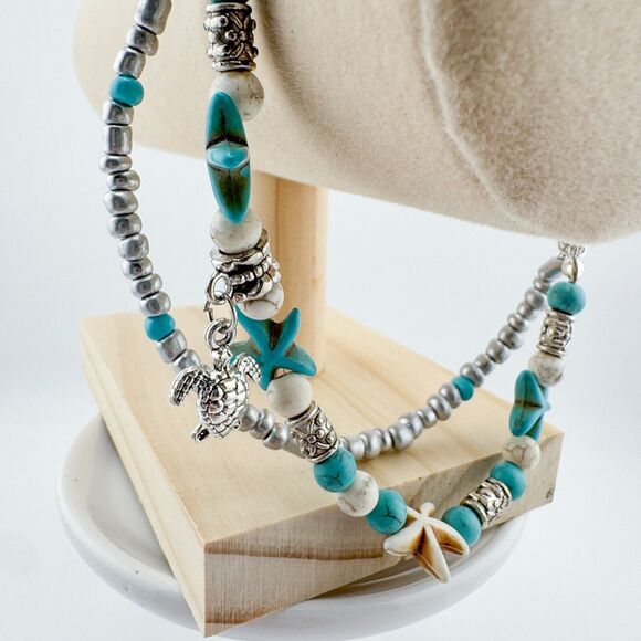 Turquoise 2 Strand Turtle Bracelet Anklet Silver Tone Beach Rustic Retro Sea - Picture 7 of 9